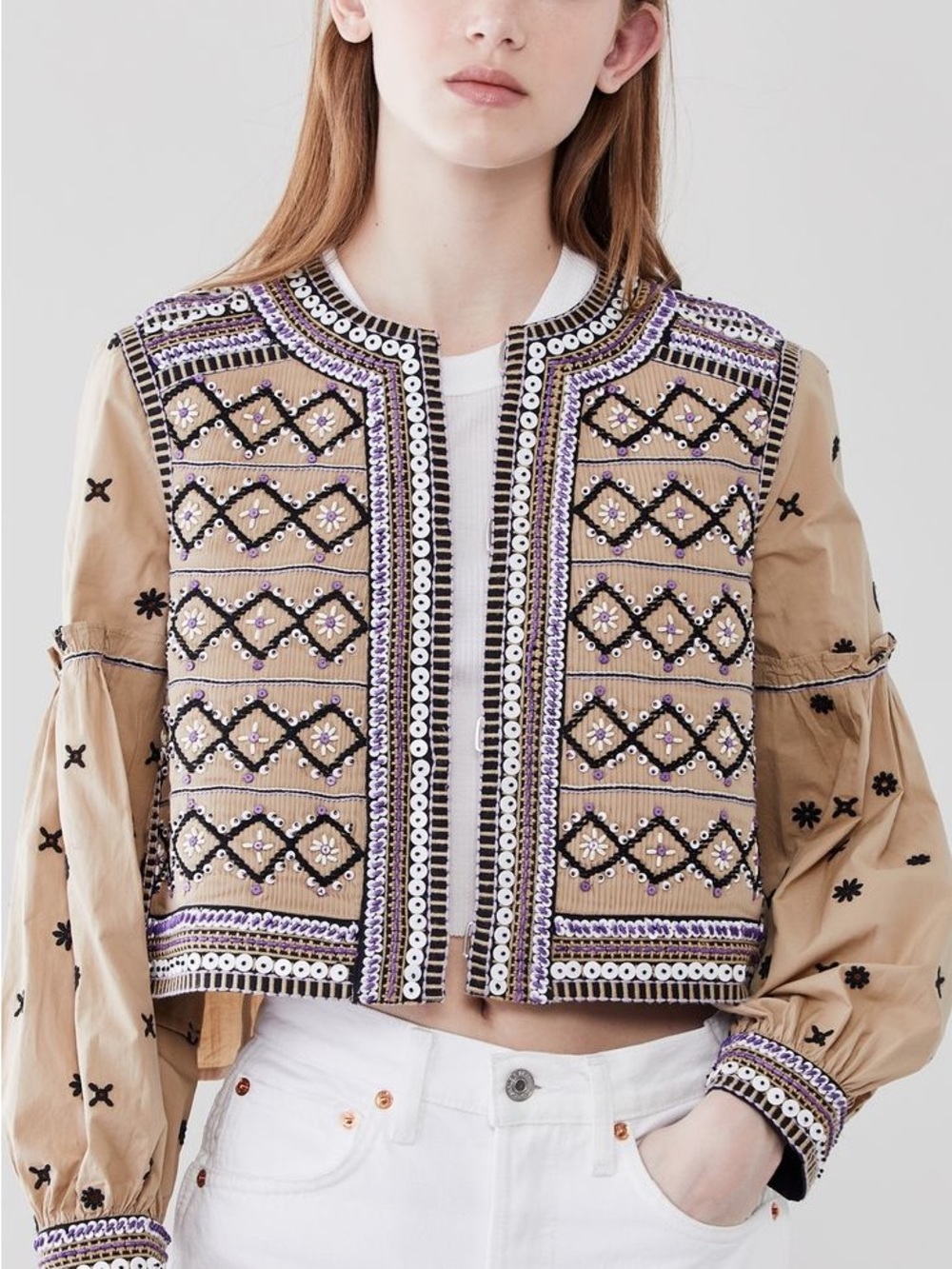 Veronica Beard Rocci Jacket Embroidered Beige Cropped Jacket with Purple Accents